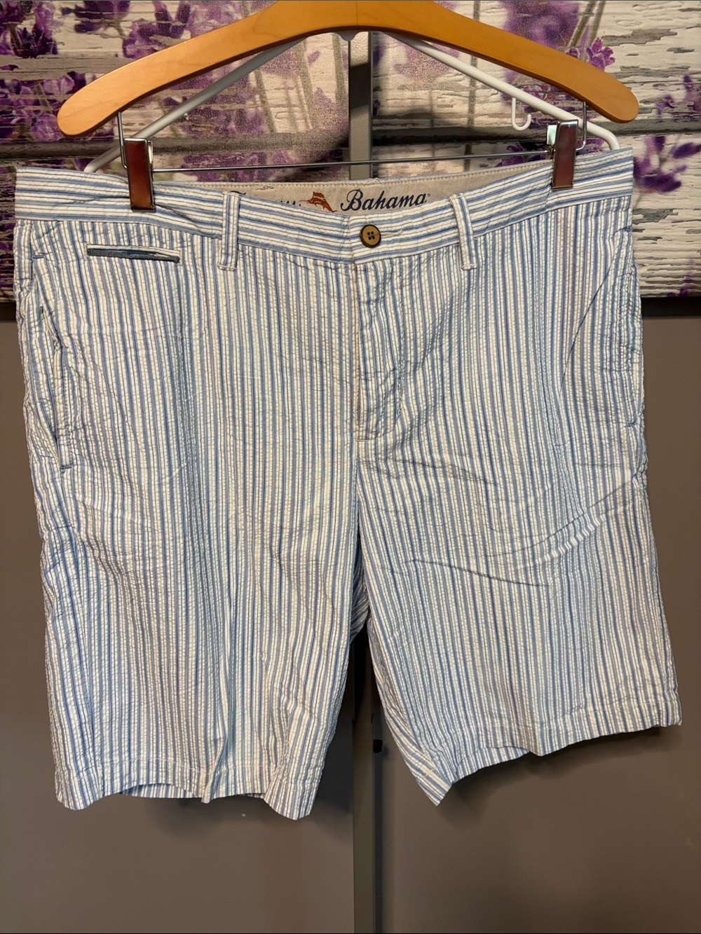 Men’s Tommy Bahama Light Blue and White Striped Men’s Flat Front Shorts Size 35